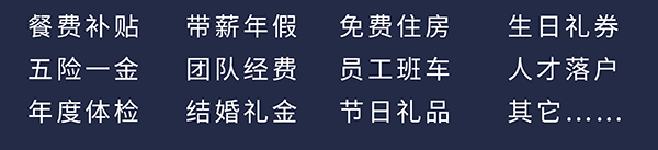 yl23455永利员工福利：餐费津贴、五险一金、年度体检、带薪年假、团队经费、完婚礼金、免费住房、员工班车、节日礼物、生日礼券、人才落户、其它……